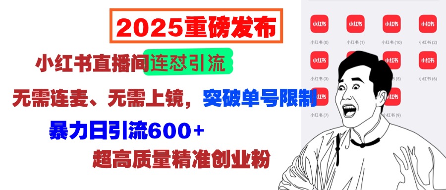 2025重磅发布：小红书直播间连怼引流，无需连麦、无需上镜，突破单号限制，暴力日引流600+超高质量精准创业粉-奇才轻创